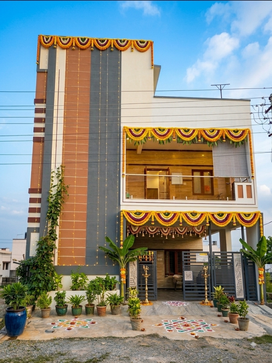 Manjunath Residence, a completed three-storey independent house in Suradenpura with a grey-and-terracotta façade.